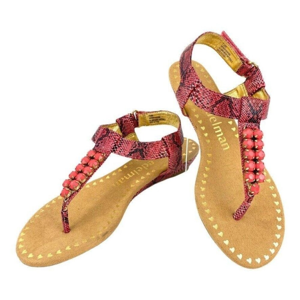 Libby Edelman Wedged T Strap Sling Back Sandals Snakeskin 7.5 M Orange Jeweled